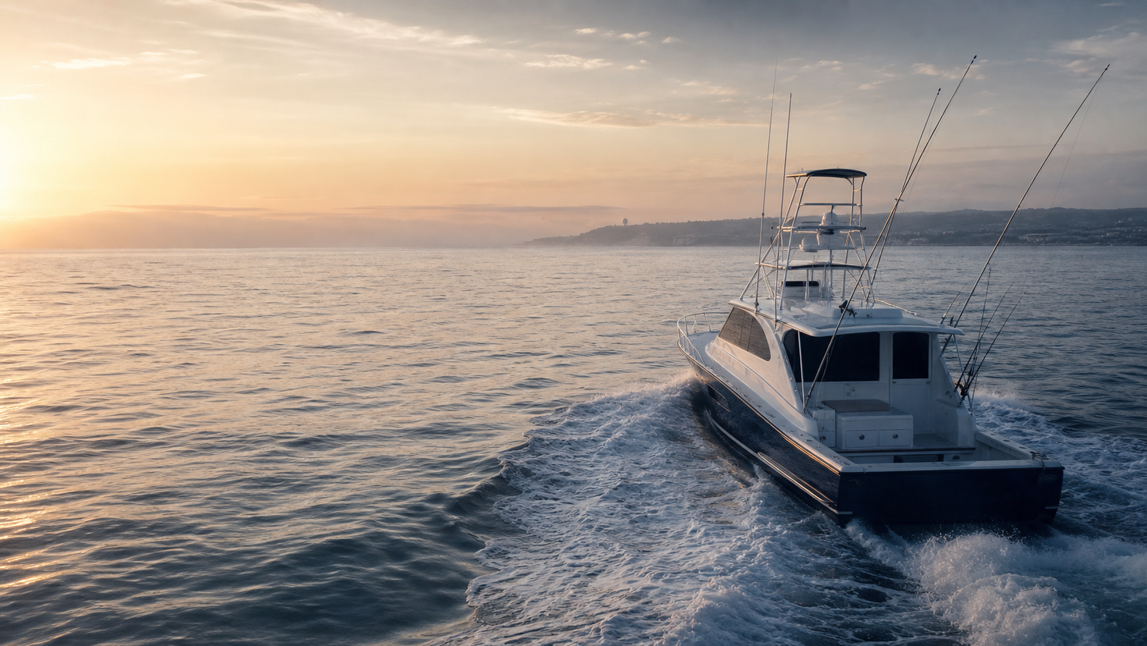 Offshore sportfishing boat running through San Diego waters at dawn