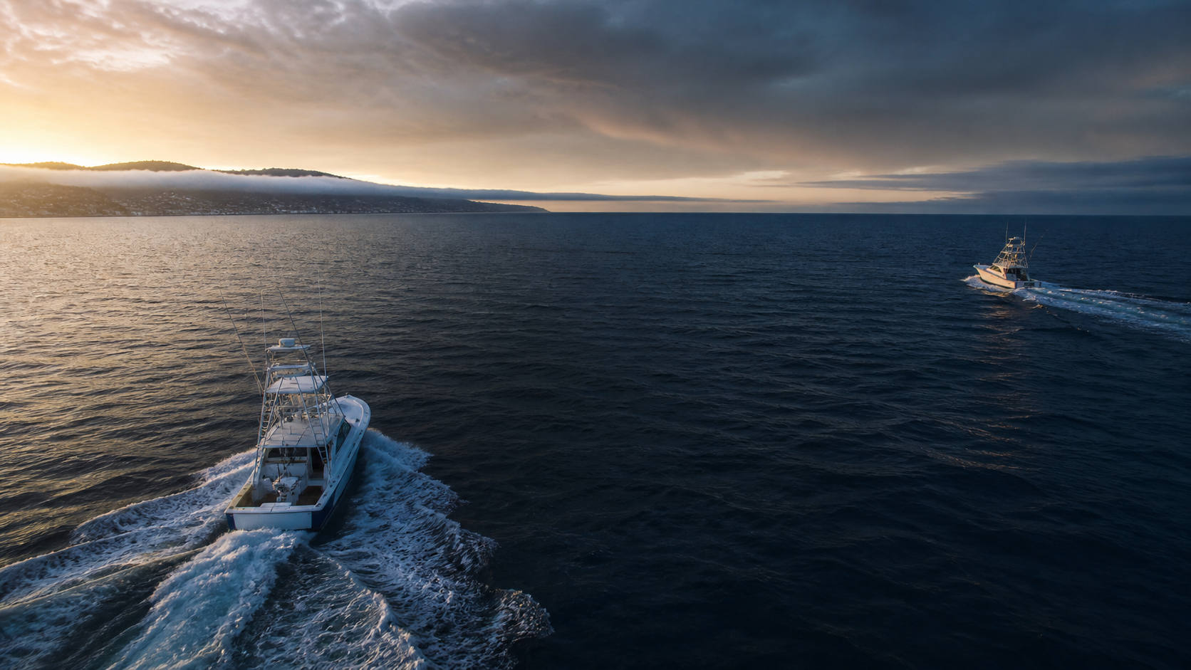 Sportfishing boats heading offshore from San Diego at dawn